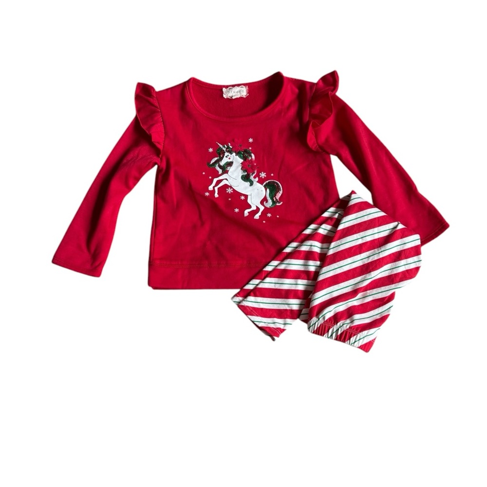 Btween Red Unicorn Long Sleeve Top and Striped Pants Set